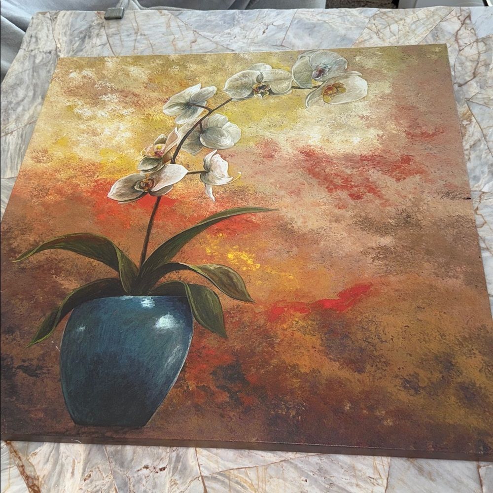 Hand Painted White Orchid‎ Floral Canvas Wall Art 24x24 Textured Blue Vase Decor